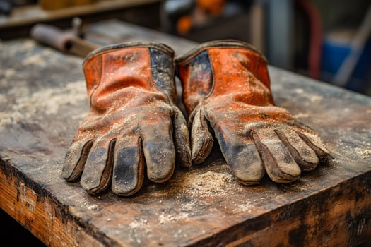 Work gloves resting on woodworking bench covered in sawdust photo