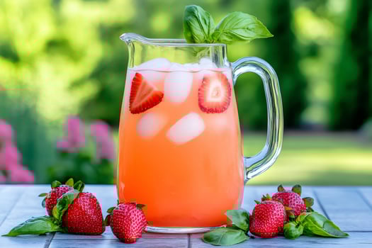 Refreshing strawberry basil lemonade in glass pitcher on outdoor table. photo