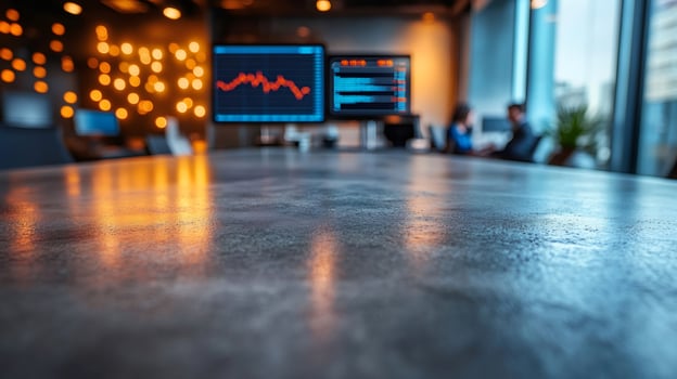 Empty desk reflecting warm lights in a modern office with stock market charts displayed on screens photo