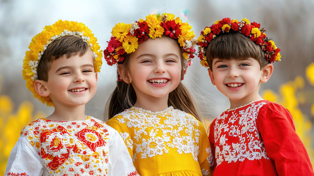 Happy Children in Traditional Embroidered Clothing Wearing Flower Crowns Smiling Kids in Festive Spring Attire photo