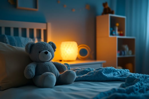 Teddy bear sitting on bed in child's room at night with glowing nightlight photo