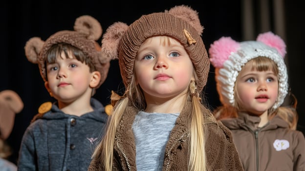 Adorable Children in Cute Bear Hats Performing on Stage Young Girls and Boy in Winter Hats photo