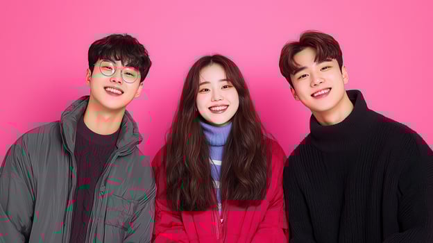 Happy Asian Teenagers Smiling Together Against Pink Background Youthful Friends Posing for a Photo