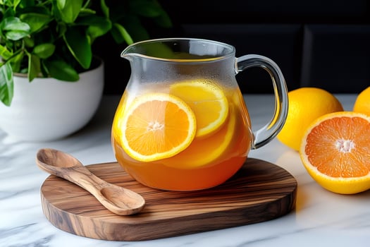 Refreshing orange tea brewing in glass pitcher on wooden board photo