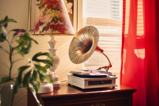 A vintage record player beside a decorative lamp and plant. Warm lighting creates a nostalgic atmosphere photo