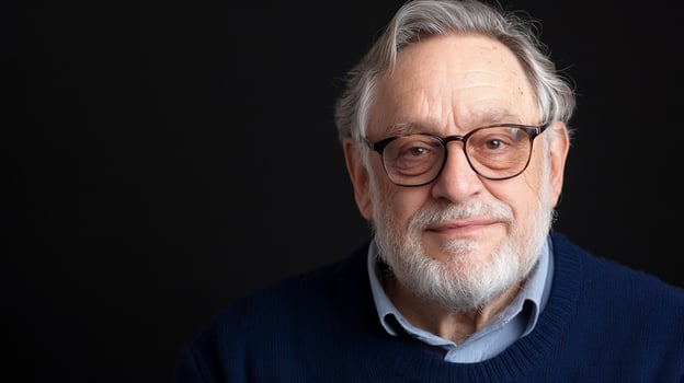 A smiling older man with glasses and a beard against a dark background. photo