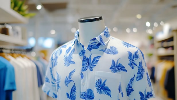 A close-up of a tropical-patterned shirt displayed on a mannequin. photo