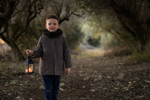 In a misty enchanted forest, a little boy holds a lantern, his eyes wide with wonder as warm light glows on his face photo