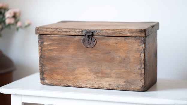A rustic wooden box with a hinged lid and metal latch. photo