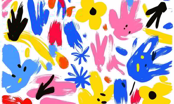 A vibrant abstract design featuring colorful handprints and flowers. photo