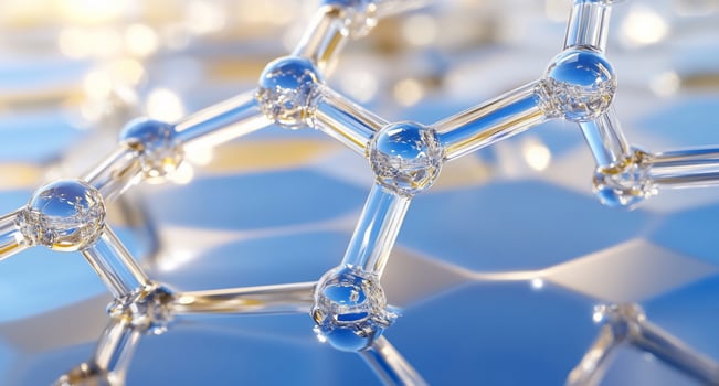 Close-up of a molecular structure with transparent spherical bonds. photo