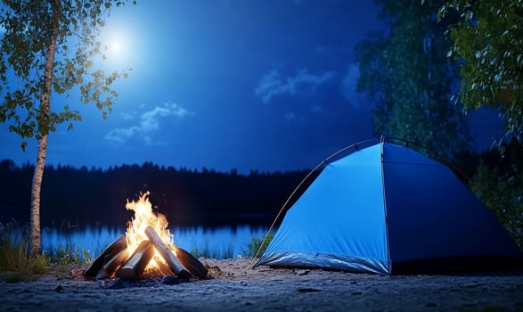 A serene campsite at night with a glowing campfire and tent. photo