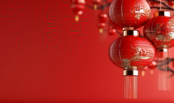 Red lanterns hanging against a vibrant red background for decoration. photo