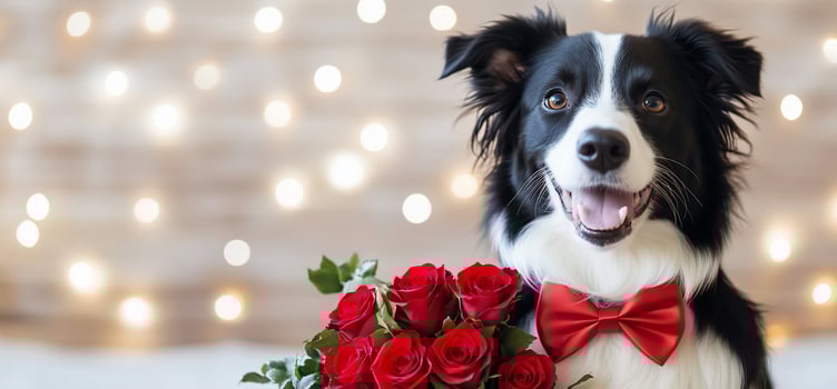 A cheerful dog with a bouquet of roses, wearing a red bow tie. photo