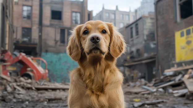 A golden retriever stands amidst a desolate urban landscape. photo