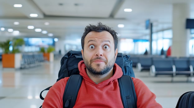 A surprised traveler sitting in an airport terminal with backpacks. photo