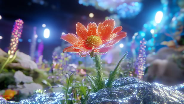 A vibrant flower in a colorful, luminous landscape. photo