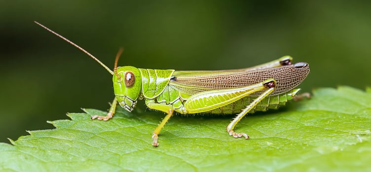 A grasshopper is sitting on a green leaf photo