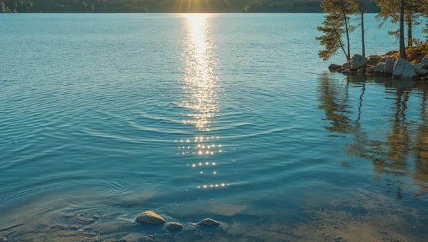 The sun is shining over a lake with trees and rocks photo