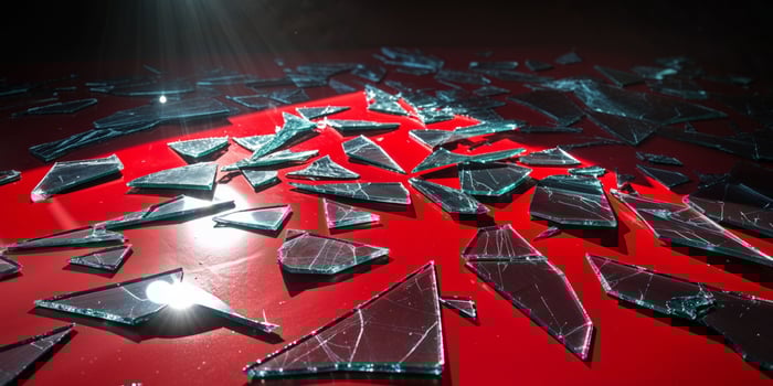 Broken Glass Shards on Red Surface Reflecting Light Brightly photo