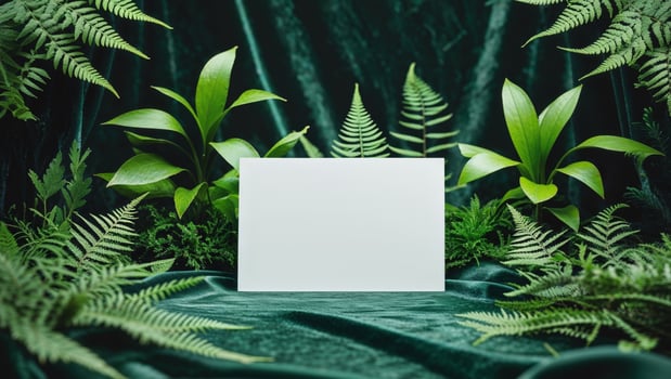 Blank card surrounded by greenery on dark background. photo