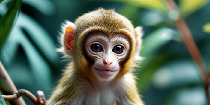 Closeup of a Cute Baby Squirrel Monkey in Lush Green Foliage photo