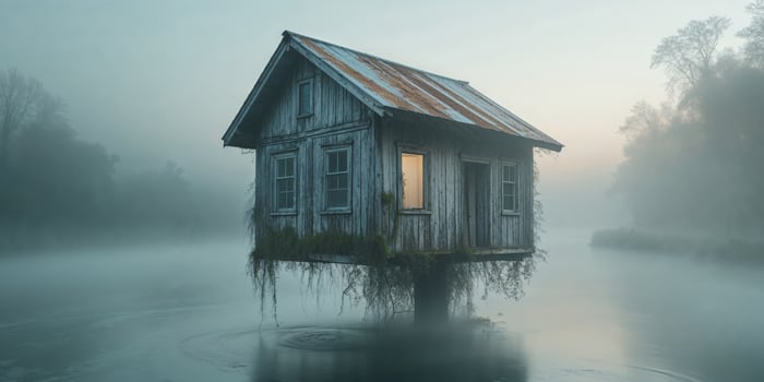 An old wooden house floats upon a foggy river scene photo