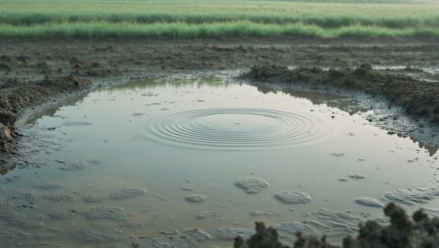 A water puddle with surrounding muddy ground on a field. photo