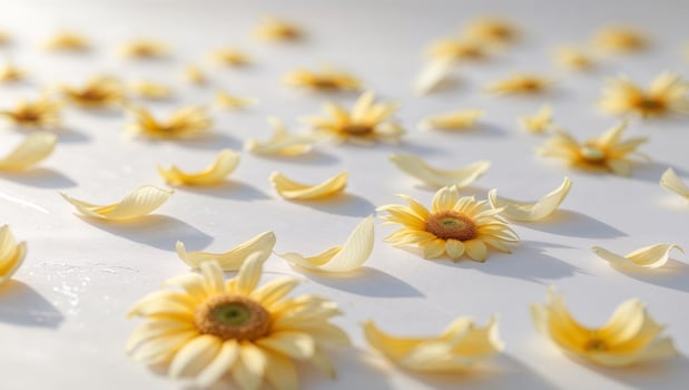 Yellow flowers scattered on a white surface photo