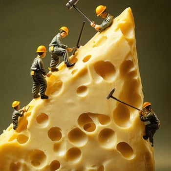 Tiny men, barely bigger than mice, in miniature denim overalls, scurry up the colossal Cheddar cliff. photo