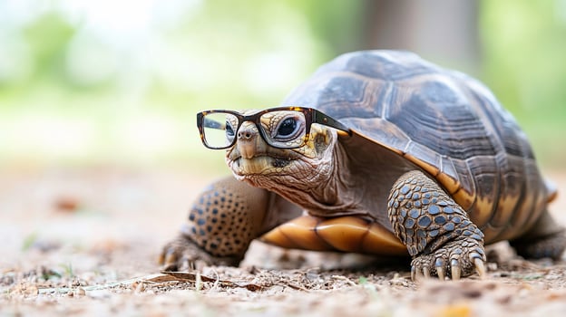 A turtle wearing glasses in a natural outdoor setting. photo
