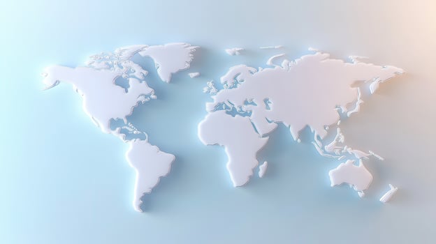 Embossed white world map rendering floating on light blue wavy highlighting surface, global geographic contours with contemporary design aesthetic photo