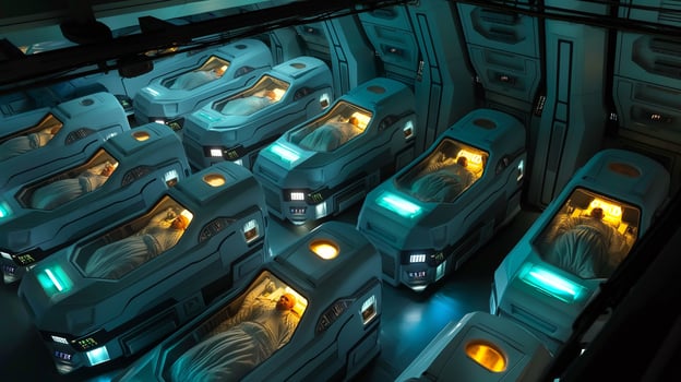This Futuristic cryogenic pods hold individuals in suspended animation at a high-tech facility. photo