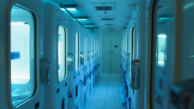 This Inside a high-tech cryogenic facility, futuristic pods await human subjects for suspended animation. photo