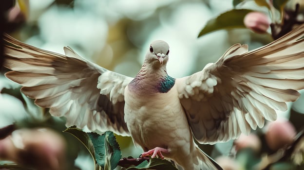 A graceful pigeon soaring through the air, with its wings spread wide, perched momentarily on a branch of a blossoming apple tree, capturing the essence of spring photo