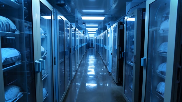 This high-tech cryonics facility, storage units display advanced preservation methods. photo