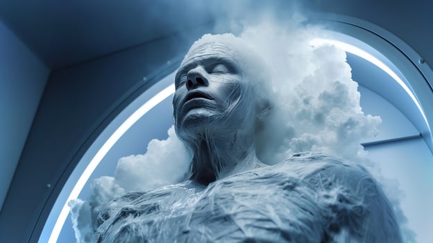 This human figure preserved in cryogenic suspension within a high-tech environment for exploration. photo