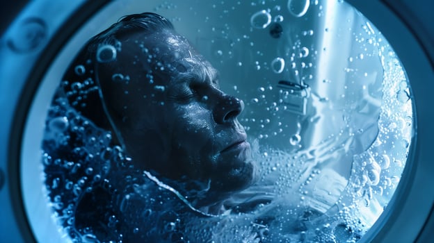 This person is suspended in a cryogenic chamber, undergoing a futuristic hibernation process. photo