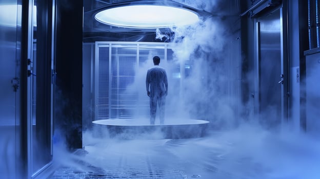 This figure stands in a misty, high-tech chamber, symbolizing cryogenic sleep technology. photo