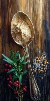 Psyllium powder and herbs arranged on a wooden table photo