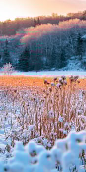 Winter landscape with snow-covered fields at sunset photo