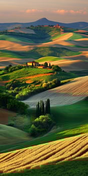 Sunset over rolling hills in a serene landscape photo
