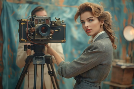 A stylish Caucasian woman poses with a vintage camera in a creative studio setting, exuding confidence and elegance. photo