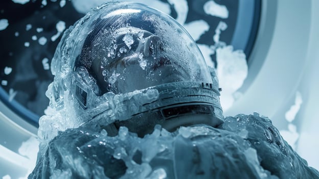 This astronaut is suspended in ice, showcasing futuristic cryogenic technology for space exploration. photo