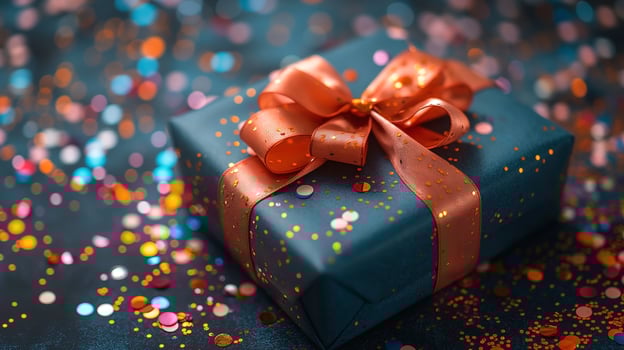 Beautifully wrapped black gift box with an orange bow, surrounded by colorful confetti for a festive celebration. photo