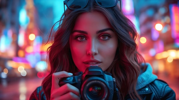 A young Caucasian woman with long hair holds a camera, capturing the vibrant city nightlife filled with neon lights. photo