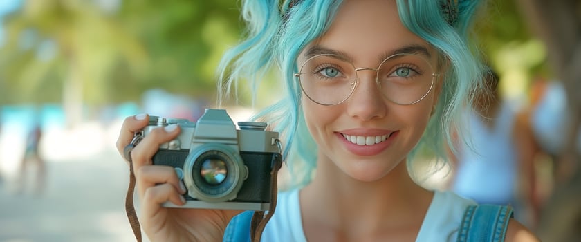 A cheerful young woman with blue hair and glasses smiles while holding a vintage camera on a sunny beach. photo