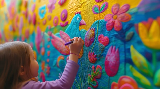 A young girl of Caucasian descent painting a colorful mural filled with flowers and birds, showcasing her creativity and joy. photo