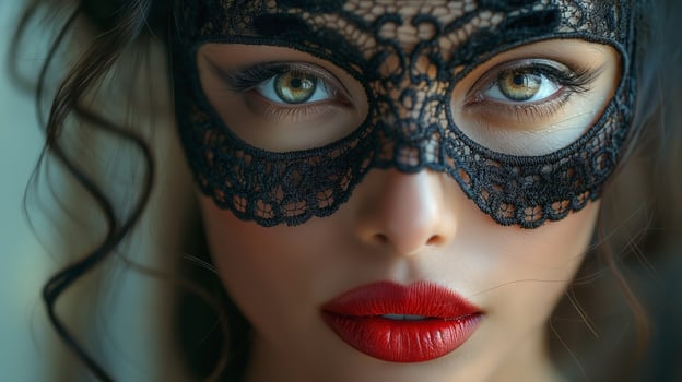 A stunning woman with captivating green eyes and a black lace mask, showcasing elegance and mystery. photo