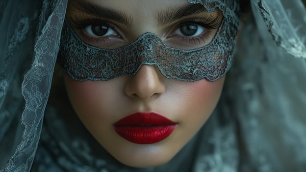 A stunning young woman with striking features and a lace mask, exuding an air of mystery and elegance. photo